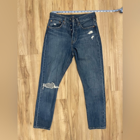 Levi's Denim - Levi’s 501 straight skinny, button fly, knee distressing, medium/dark wash